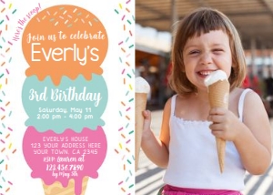 Ice Cream Birthday Party Invitation with Photo (pink, orange) - www.printerfairy.com: Ice Cream Birthday Party Invitation with Photo (pink, orange) - www.printerfairy.com