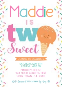 Ice Cream Second Birthday Party Invitation (pink orange) - www.printerfairy.com: Ice Cream Second Birthday Party Invitation (pink orange) - www.printerfairy.com