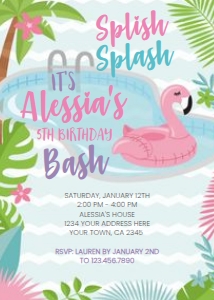 Flamingo Pool Party Invitation (blue) - www.printerfairy.com: Flamingo Pool Party Invitation (blue) - www.printerfairy.com