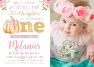 Little Pumpkin First Birthday Invitation with Photo - www.printerfairy.com: Little Pumpkin First Birthday Invitation with Photo (floral gold) - www.printerfairy.com
