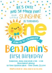 Little Sunshine First Birthday Invitation (blue) - www.printerfairy.com: Little Sunshine First Birthday Invitation (blue) - www.printerfairy.com