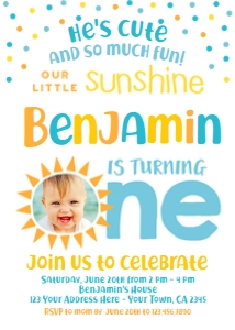 Little Sunshine First Birthday Invitation with Photo (blue) - www.printerfairy.com: Little Sunshine First Birthday Invitation with Photo (blue) - www.printerfairy.com