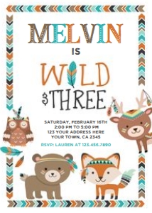 Wild & Three Tribal Birthday Invitation (white background) - www.printerfairy.com design preview