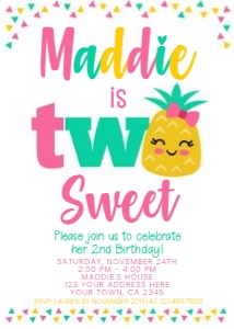 Pineapple 2nd Birthday Party Invitation - www.printerfairy.com design preview