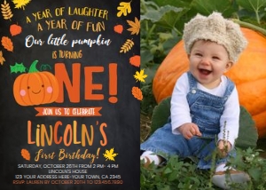Little Pumpkin003 Photo - Invitation: Little Pumpkin First Birthday Invitation with Photo (black) - www.printerfairy.com