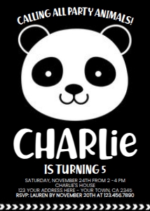 Panda Birthday Invitation Black - www.printerfairy.com design preview
