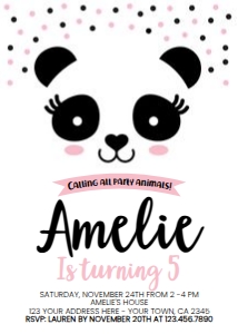 Panda Birthday Invitation Pink & Black - www.printerfairy.com design preview