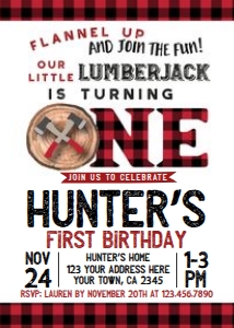 Lumberjack First Birthday Invitation with Photo - www.printerfairy.com design preview