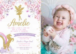 Fairy & Unicorn Birthday Party Invitation with Photo - www.printerfairy.com design preview