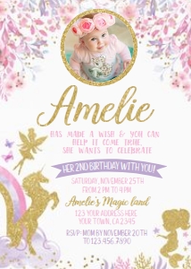 Fairies, Unicorn & Mermaid Birthday Party Invitation with Photo - www.printerfairy.com: Fairies, Unicorn & Mermaid Birthday Party Invitation with Photo - www.printerfairy.com