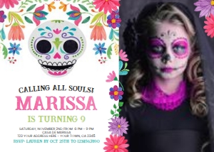 Día de los Muertos Birthday Invitation with Photo (white background) - www.printerfairy.com: Día de los Muertos Birthday Invitation with Photo (white background) - www.printerfairy.com