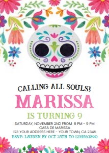 Día de los Muertos Birthday Invitation (white background) - www.printerfairy.com: Día de los Muertos Birthday Invitation (white background) - www.printerfairy.com