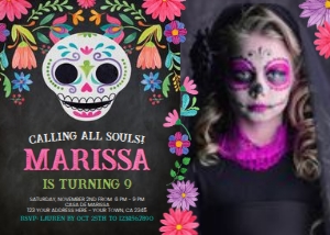 Día de los Muertos Birthday Invitation with Photo (black background) - www.printerfairy.com: Día de los Muertos Birthday Invitation with Photo (black background) - www.printerfairy.com
