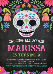 Día de los Muertos Birthday Invitation (black background) - www.printerfairy.com: Día de los Muertos Birthday Invitation (black background) - www.printerfairy.com