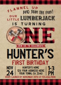 Lumberjack First Birthday Invitation Brown - www.printerfairy.com design preview