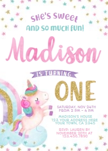 Unicorn 1st Birthday Invitation - www.printerfairy.com: Unicorn 1st Birthday Invitation - www.printerfairy.com