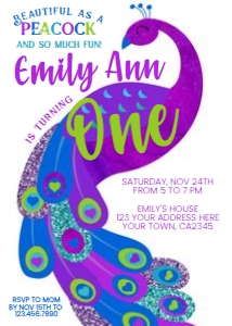 Peacock Birthday Party Invitation (white background) - www.printerfairy.com design preview