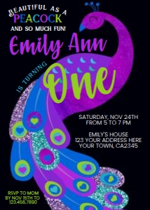 Peacock Birthday Party Invitation (black background) - www.printerfairy.com design preview