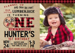 Lumberjack First Birthday Brown Invitation with Photo - www.printerfairy.com design preview