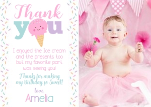 Ice Cream Party Thank You Card Photo (pink white) - www.printerfairy.com design preview