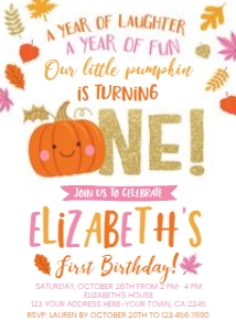 Little Pumpkin_Pink_First Birthday Invitation - www.printerfairy.com: Little Pumpkin_Pink_First Birthday Invitation - www.printerfairy.com
