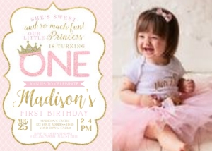 Princess Birthday Party Invitation with Photo (pink background) - www.printerfairy.com design preview