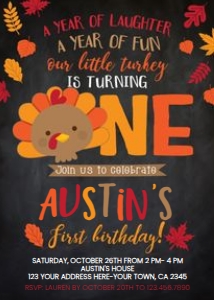 Little Turkey First Birthday Invitation Black - www.printerfairy.com design preview