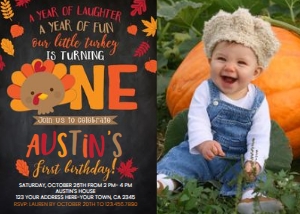 Little Turkey First Birthday Invitation with Photo (black background) - www.printerfairy.com design preview