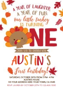 Little Turkey First Birthday Invitation - www.printerfairy.com design preview