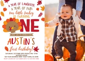 Little Turkey First Birthday Invitation Photo (white background) - www.printerfairy.com design preview