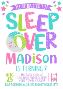 Sleepover Birthday Invitation (purple, white background) - www.printerfairy.com design preview