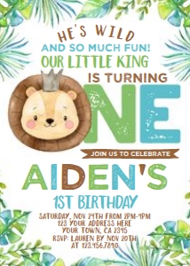 Lion First Birthday Invitation (white background) - www.printerfairy.com design preview