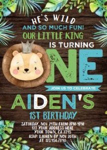 Lion First Birthday Invitation (wood background) - www.printerfairy.com design preview
