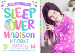 Sleepover Birthday Invitation with Photo (purple, white background) - www.printerfairy.com design preview