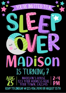 Sleepover Birthday Invitation (purple, black background) - www.printerfairy.com design preview