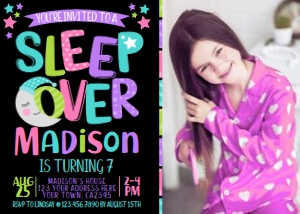 Sleepover Birthday Invitation with Photo (purple, black background) - www.printerfairy.com design preview