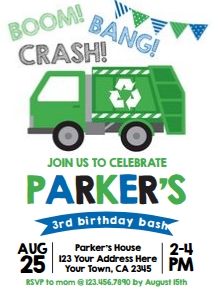 Trash Truck - Birthday Party Invitation (white) - www.printerfairy.com design preview