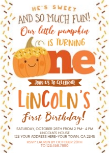 Donut Pumpkin First Birthday Invitation White - www.printerfairy.com: Donut Pumpkin First Birthday Invitation White - www.printerfairy.com