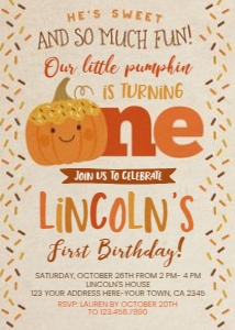 Donut Pumpkin First Birthday Invitation - www.printerfairy.com: Donut Pumpkin First Birthday Invitation - www.printerfairy.com