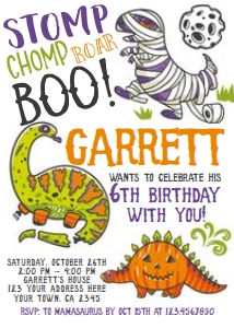 Dinosaurs Halloween Birthday Invitation (white) - www.printerfairy.com: Dinosaurs Halloween Birthday Invitation (white) - www.printerfairy.com