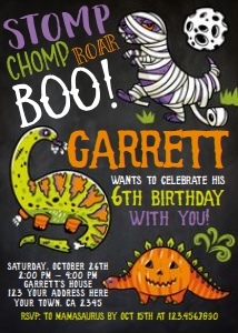 Dinosaurs Halloween Birthday Invitation (black) - www.printerfairy.com design preview