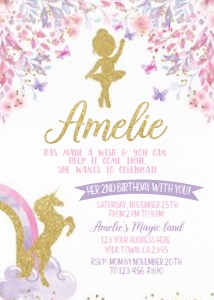 Ballerina & Unicorn Birthday Party Invitation - www.printerfairy.com design preview