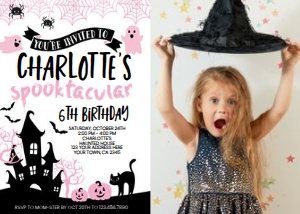 Pink Halloween Birthday Invitation with Photo (white) - www.printerfairy.com design preview