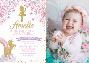 Ballerina & Unicorn Birthday Party Invitation with Photo - www.printerfairy.com design preview