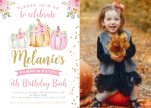 Little Pumpkin Pink Birthday Invitation with Photo - www.printerfairy.com: Little Pumpkin Pink Birthday Invitation with Photo - www.printerfairy.com