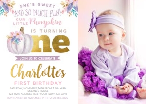 Little Pumpkin Purple First Birthday Invitation with Photo - www.printerfairy.com: Little Pumpkin Purple First Birthday Invitation with Photo - www.printerfairy.com