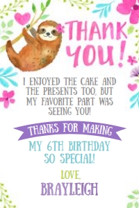Sloth Thank You Cards Text - www.printerfairy.com design preview