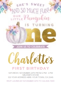Little Pumpkin Purple First Birthday Invitation - www.printerfairy.com: Little Pumpkin Purple First Birthday Invitation - www.printerfairy.com