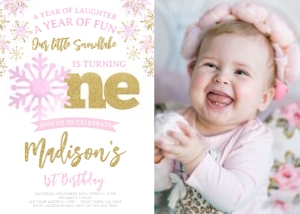Snowflake First Birthday Invitation with Photo (pink & gold) - www.printerfairy.com: Snowflake First Birthday Invitation with Photo (pink & gold) - www.printerfairy.com