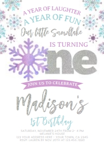 Snowflake First Birthday Invitation (purple & silver) - www.printerfairy.com design preview